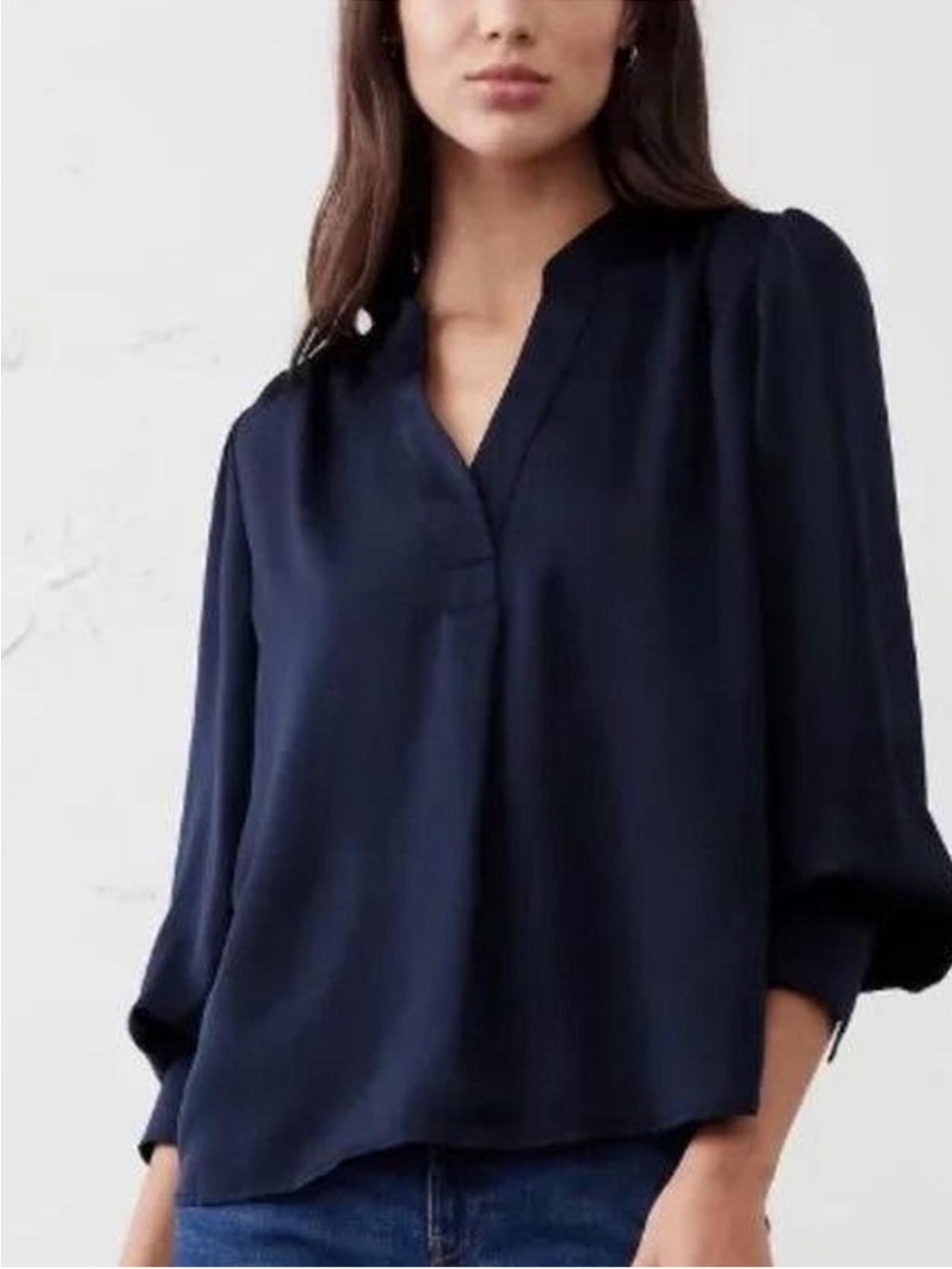 Banana Republic Midnight Blue Satin Split Neck Long Sleeve Popover Blouse Size M